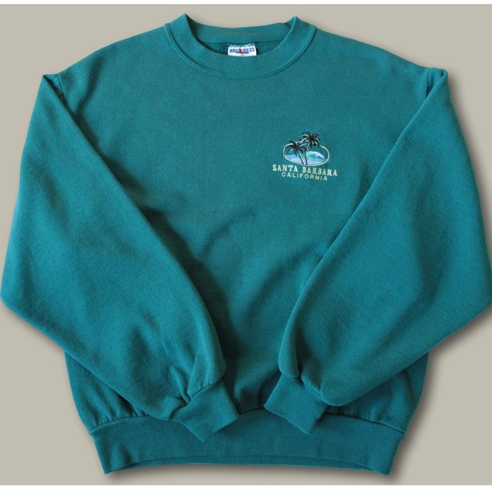 Jerzees Santa Barbara California Sweatshirt Size M Teal Vintage Embroidered 90s - Picture 2 of 6